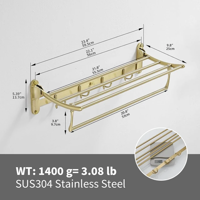 Alt view image 6 of 7 - Towel Racks with Foldable Towel Bar Hooks, Wall Mounted Brushed Gold | 24 Inch Bathroom Towel Shelf Holder, Multifunctional Storage Bathroom Accessories, Double Towel Bars, Rust-resistant Metal