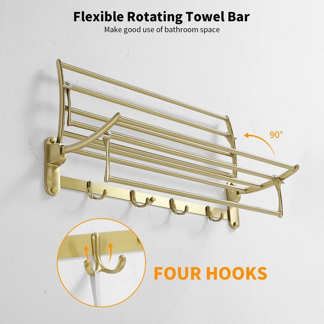 Alt view image 5 of 7 - Towel Racks with Foldable Towel Bar Hooks, Wall Mounted Brushed Gold | 24 Inch Bathroom Towel Shelf Holder, Multifunctional Storage Bathroom Accessories, Double Towel Bars, Rust-resistant Metal
