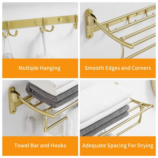 Alt view image 7 of 7 - Towel Racks with Foldable Towel Bar Hooks, Wall Mounted Brushed Gold | 24 Inch Bathroom Towel Shelf Holder, Multifunctional Storage Bathroom Accessories, Double Towel Bars, Rust-resistant Metal