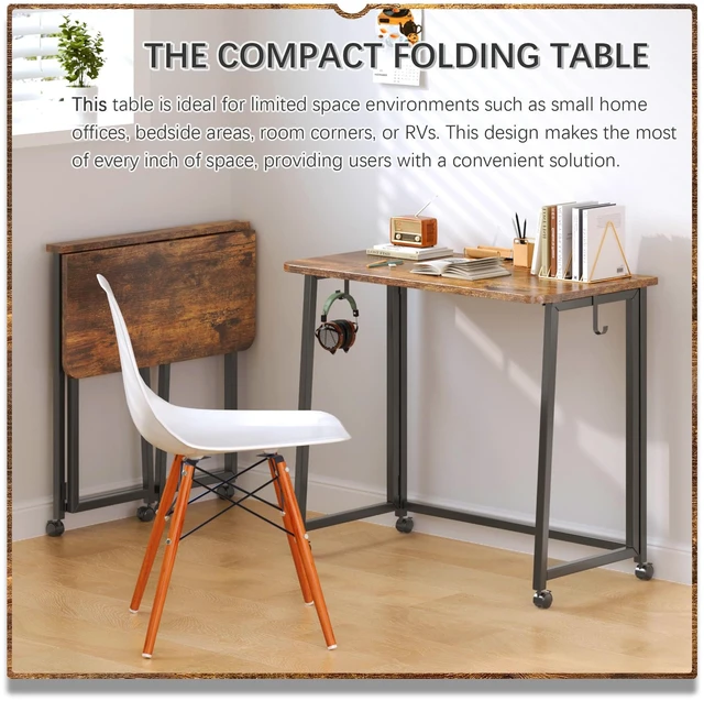 Alt view image 2 of 7 - 31.5" Mobile Small Folding Desk, Foldable Rolling Computer Home Office Desk, Study Writing Table for Small Space Saving Bedroom, with Wheels - Rustic Brown and Black