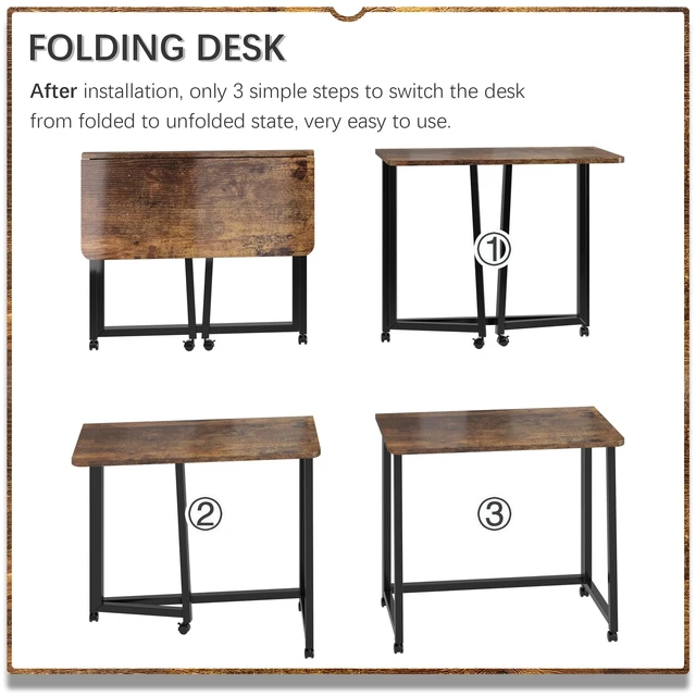 Alt view image 6 of 7 - 31.5" Mobile Small Folding Desk, Foldable Rolling Computer Home Office Desk, Study Writing Table for Small Space Saving Bedroom, with Wheels - Rustic Brown and Black