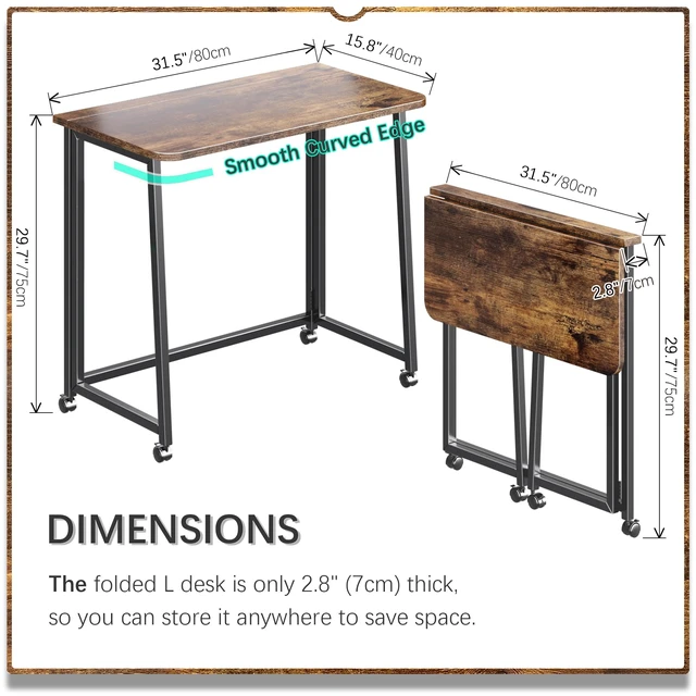 Alt view image 5 of 7 - 31.5" Mobile Small Folding Desk, Foldable Rolling Computer Home Office Desk, Study Writing Table for Small Space Saving Bedroom, with Wheels - Rustic Brown and Black