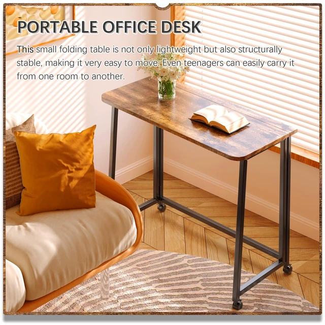 Alt view image 3 of 7 - 31.5" Mobile Small Folding Desk, Foldable Rolling Computer Home Office Desk, Study Writing Table for Small Space Saving Bedroom, with Wheels - Rustic Brown and Black