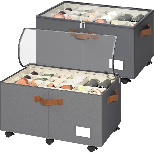 Main image of 2 Pack Shoe Organizer for Closet, Shoe Storage with Wheels, Gray | Fits 48 Pairs, with Adjustable Dividers and Clear Cover, Saving Space Foldable Fabric Closet Shoe Storage Organizer Box Bins