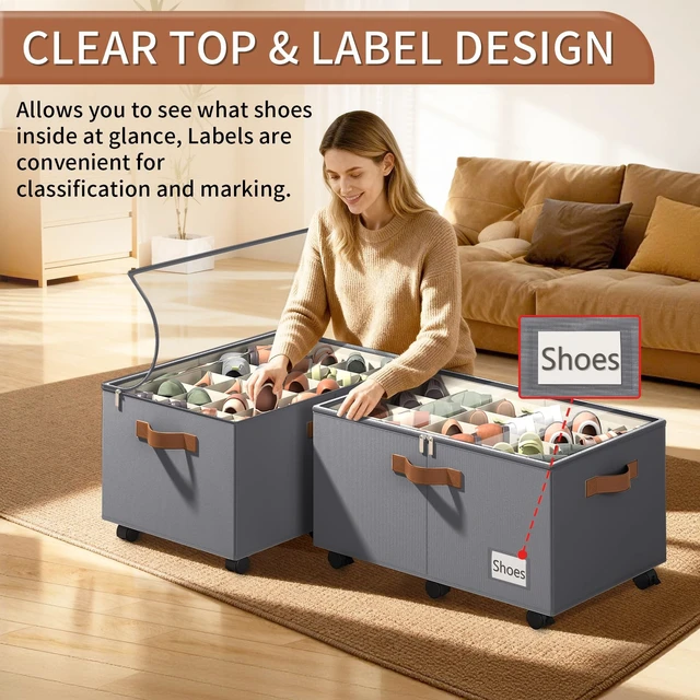 Alt view image 5 of 7 - 2 Pack Shoe Organizer for Closet, Shoe Storage with Wheels, Gray | Fits 48 Pairs, with Adjustable Dividers and Clear Cover, Saving Space Foldable Fabric Closet Shoe Storage Organizer Box Bins