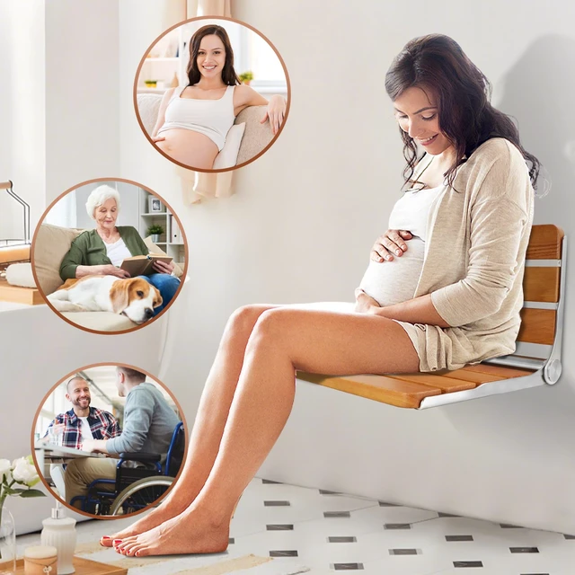 Alt view image 3 of 7 - Foldable Shower Seat Wall Mounted 16 in Wide, Teak Bench for Small Shower | Foldable Design, Shower Use