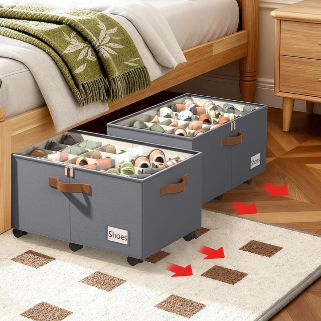 Alt view image 2 of 7 - 2 Pack Shoe Organizer for Closet, Shoe Storage with Wheels, Gray | Fits 48 Pairs, with Adjustable Dividers and Clear Cover, Saving Space Foldable Fabric Closet Shoe Storage Organizer Box Bins