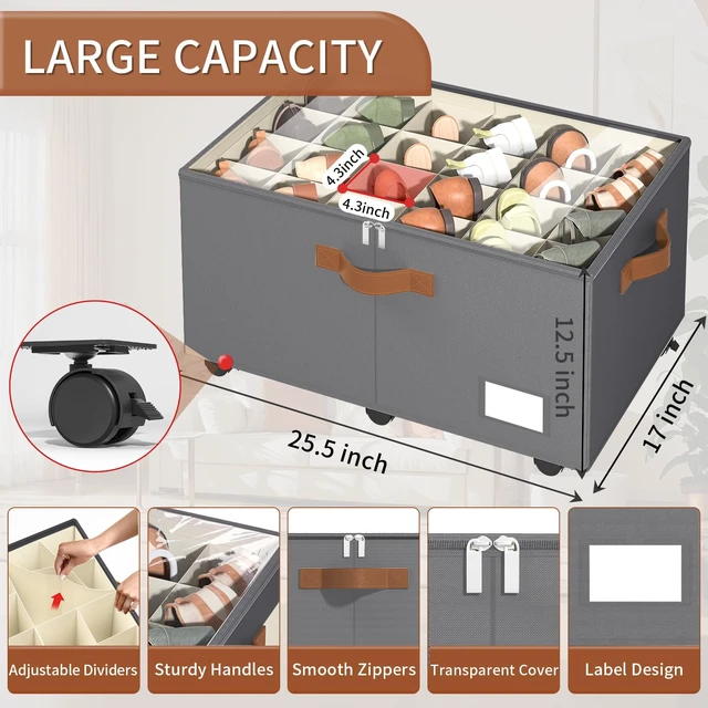 Alt view image 3 of 7 - 2 Pack Shoe Organizer for Closet, Shoe Storage with Wheels, Gray | Fits 48 Pairs, with Adjustable Dividers and Clear Cover, Saving Space Foldable Fabric Closet Shoe Storage Organizer Box Bins