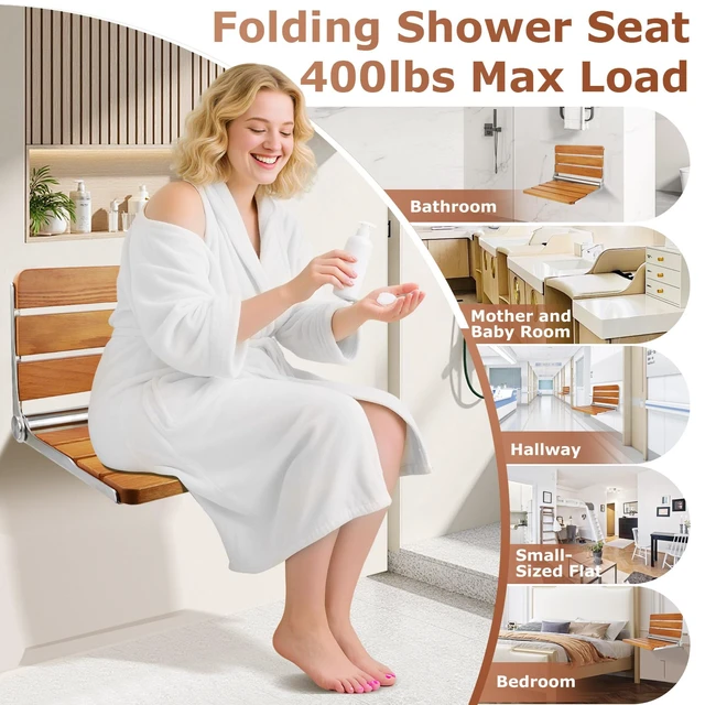 Alt view image 2 of 7 - Foldable Shower Seat Wall Mounted 16 in Wide, Teak Bench for Small Shower | Foldable Design, Shower Use