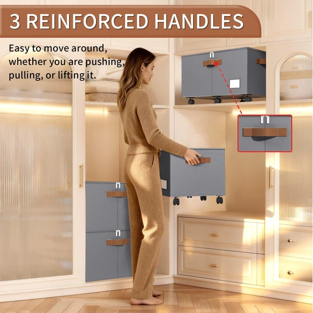 Alt view image 7 of 7 - 2 Pack Shoe Organizer for Closet, Shoe Storage with Wheels, Gray | Fits 48 Pairs, with Adjustable Dividers and Clear Cover, Saving Space Foldable Fabric Closet Shoe Storage Organizer Box Bins
