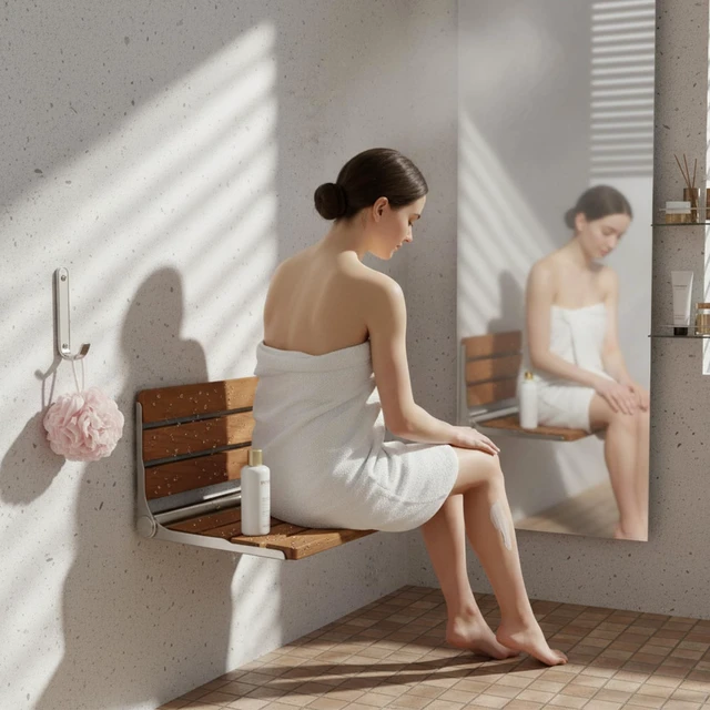 Alt view image 6 of 7 - Foldable Shower Seat Wall Mounted 16 in Wide, Teak Bench for Small Shower | Foldable Design, Shower Use