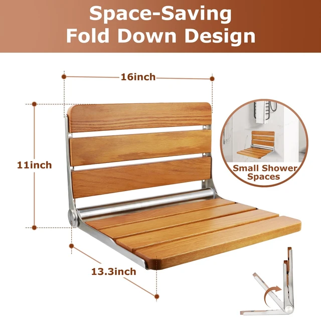 Alt view image 4 of 7 - Foldable Shower Seat Wall Mounted 16 in Wide, Teak Bench for Small Shower | Foldable Design, Shower Use