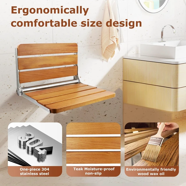 Alt view image 5 of 7 - Foldable Shower Seat Wall Mounted 16 in Wide, Teak Bench for Small Shower | Foldable Design, Shower Use