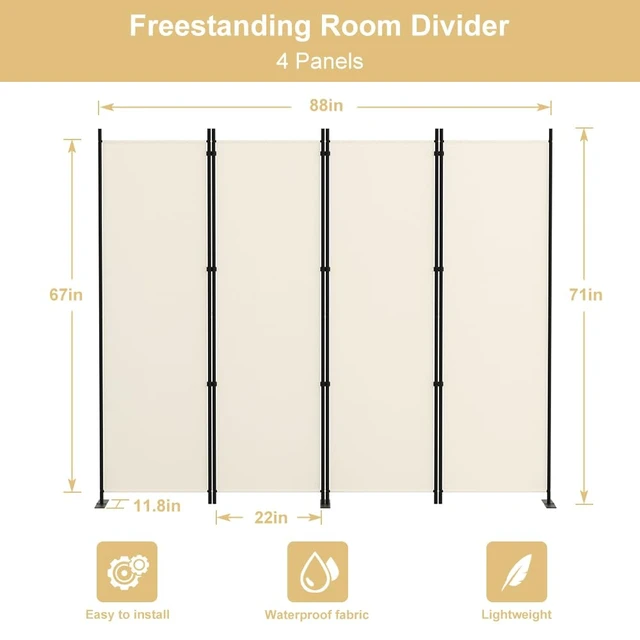 Alt view image 2 of 7 - 4 Panel Room Divider, 6FT Tall Folding Privacy Screen Wall Dividers, Portable Privacy Screen Freestanding Room Divider for Room Separation, Included - Cover Strips, Beige, 88''W x 71''H