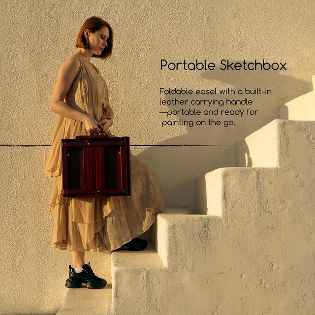 Alt view image 7 of 7 - Portable Tabletop Easel for Painting: Artist Sketchbox | Beech Wood - Built-in Art Supply Storage Drawer - Fits 34" Canvas Panels - Adjustable Foldable Plein Air Desktop for Painters