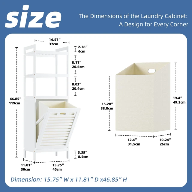 Alt view image 3 of 7 - Bamboo Tilt Out Hamper, 10 Gal Bathroom Laundry Cabinet with Hidden Foldable Basket, Freestanding Clothes Storage Organizer with Storage Shelf, White