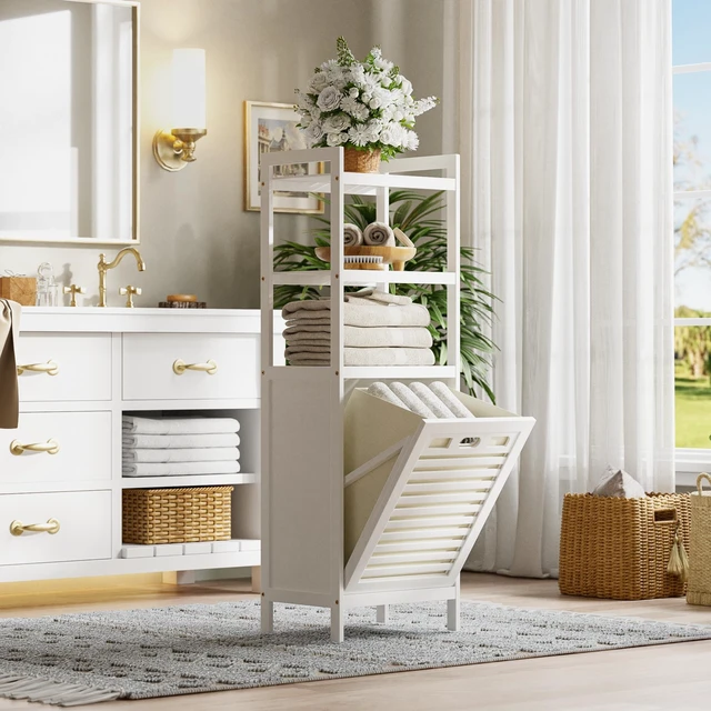 Alt view image 2 of 7 - Bamboo Tilt Out Hamper, 10 Gal Bathroom Laundry Cabinet with Hidden Foldable Basket, Freestanding Clothes Storage Organizer with Storage Shelf, White