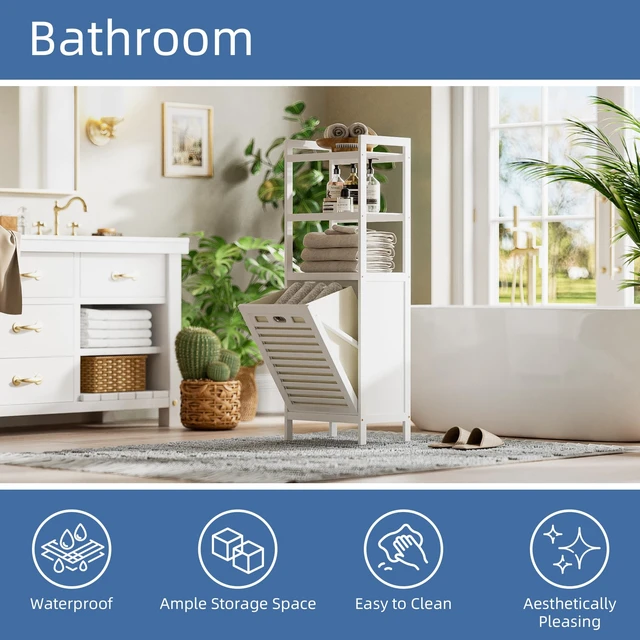 Alt view image 4 of 7 - Bamboo Tilt Out Hamper, 10 Gal Bathroom Laundry Cabinet with Hidden Foldable Basket, Freestanding Clothes Storage Organizer with Storage Shelf, White