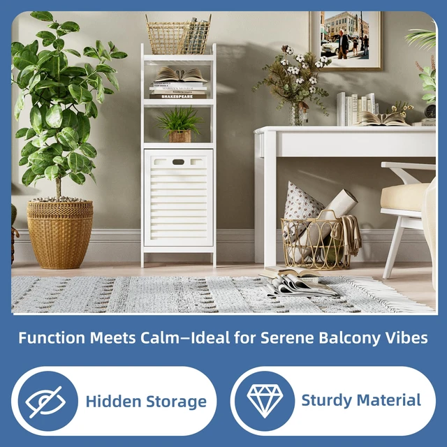 Alt view image 5 of 7 - Bamboo Tilt Out Hamper, 10 Gal Bathroom Laundry Cabinet with Hidden Foldable Basket, Freestanding Clothes Storage Organizer with Storage Shelf, White