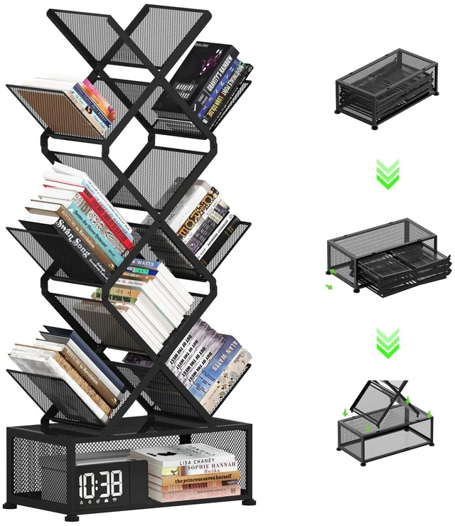 Main image of 9-Tier Space Saving Book Shelf with Storage,Bedroom Shelves Folding Bookshelves,No Installation Required Shelf Tree Metal Bookshelf for Living Room,Study,Home Office,Bed Room (Black)