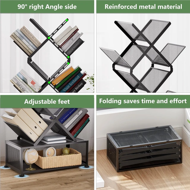 Alt view image 3 of 7 - 9-Tier Space Saving Book Shelf with Storage,Bedroom Shelves Folding Bookshelves,No Installation Required Shelf Tree Metal Bookshelf for Living Room,Study,Home Office,Bed Room (Black)