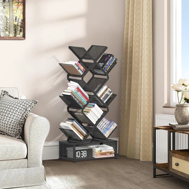 Alt view image 5 of 7 - 9-Tier Space Saving Book Shelf with Storage,Bedroom Shelves Folding Bookshelves,No Installation Required Shelf Tree Metal Bookshelf for Living Room,Study,Home Office,Bed Room (Black)