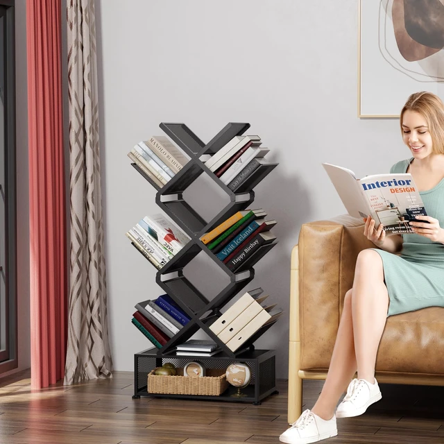 Alt view image 6 of 7 - 9-Tier Space Saving Book Shelf with Storage,Bedroom Shelves Folding Bookshelves,No Installation Required Shelf Tree Metal Bookshelf for Living Room,Study,Home Office,Bed Room (Black)