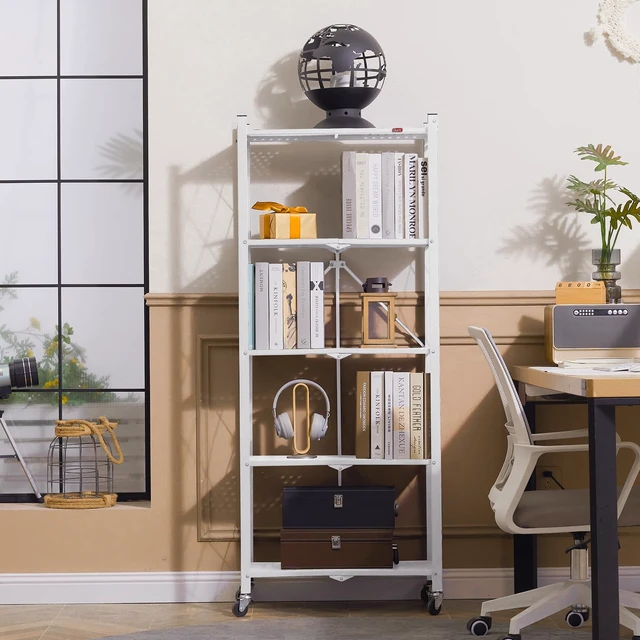 Alt view image 2 of 7 - 5-Shelf Folding Bookcase with Wheels, Rolling Bookshelf Heavy Duty Storage Shelves, Freestanding Metal Wire Shelving Unit for Living Room, Office, Kitchen, Basement, Pantry (White)