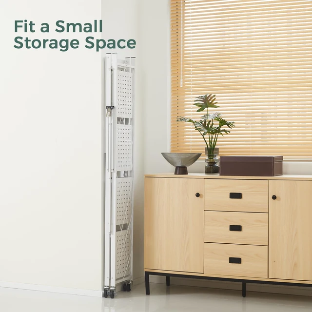 Alt view image 5 of 7 - 5-Shelf Folding Bookcase with Wheels, Rolling Bookshelf Heavy Duty Storage Shelves, Freestanding Metal Wire Shelving Unit for Living Room, Office, Kitchen, Basement, Pantry (White)