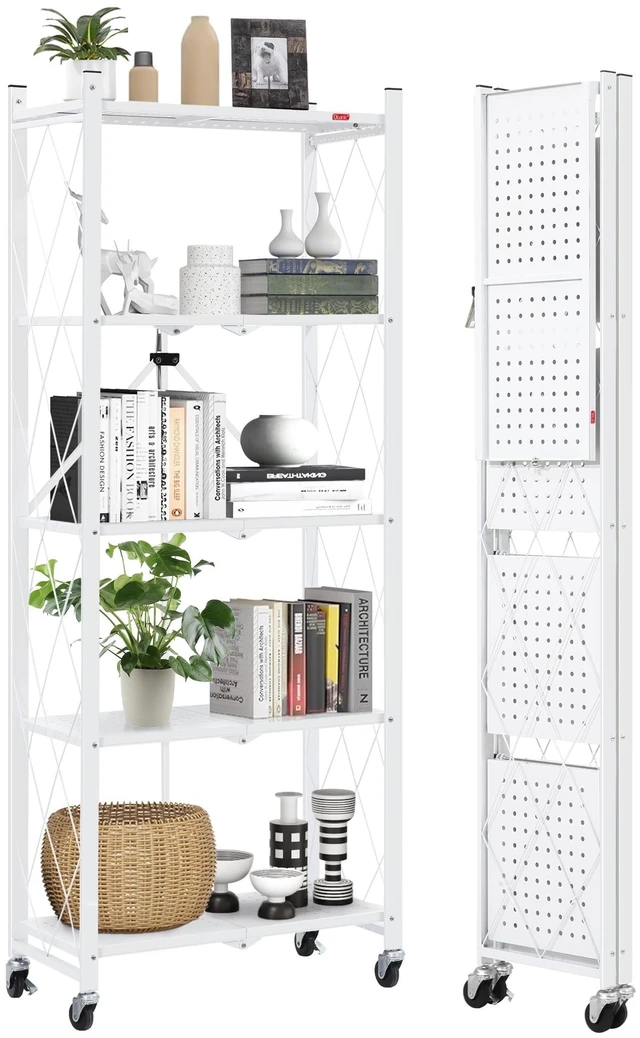 Main image of 5-Shelf Folding Bookcase with Wheels, Rolling Bookshelf Heavy Duty Storage Shelves, Freestanding Metal Wire Shelving Unit for Living Room, Office, Kitchen, Basement, Pantry (White)