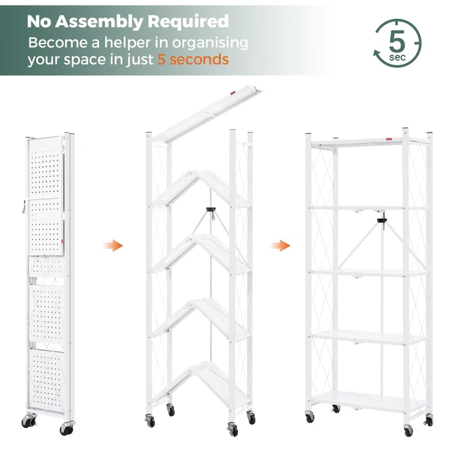 Alt view image 3 of 7 - 5-Shelf Folding Bookcase with Wheels, Rolling Bookshelf Heavy Duty Storage Shelves, Freestanding Metal Wire Shelving Unit for Living Room, Office, Kitchen, Basement, Pantry (White)