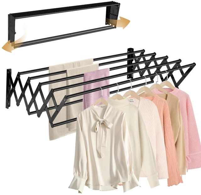 Main image of XL-31.5" Wall Clothes Drying Rack, Retractable Mounted Rack Black | 7 stainless rods, staggered for faster drying. Rustproof. Expands to 25.6"D. Folds flat for storage. Mounting hardware.