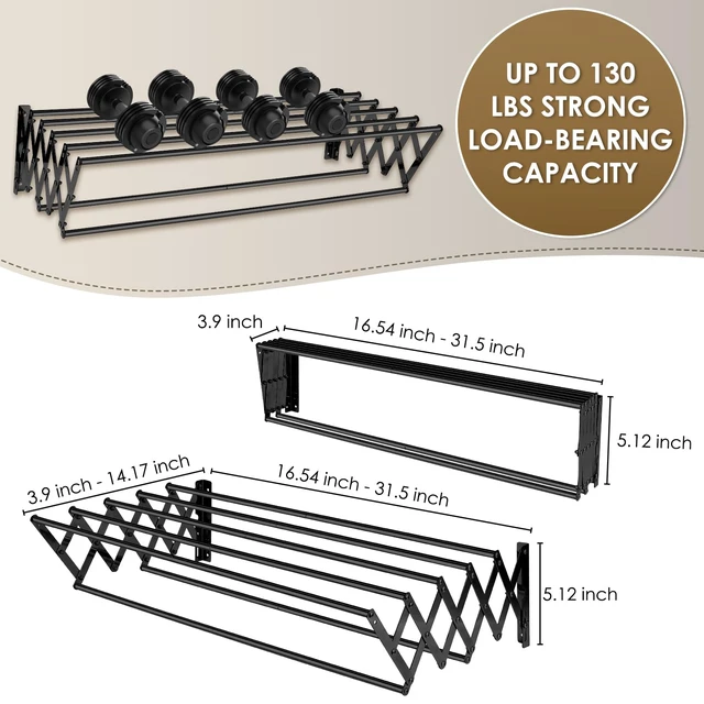 Alt view image 2 of 7 - XL-31.5" Wall Clothes Drying Rack, Retractable Mounted Rack Black | 7 stainless rods, staggered for faster drying. Rustproof. Expands to 25.6"D. Folds flat for storage. Mounting hardware.