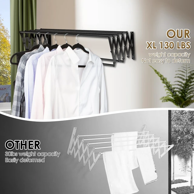 Alt view image 5 of 7 - XL-31.5" Wall Clothes Drying Rack, Retractable Mounted Rack Black | 7 stainless rods, staggered for faster drying. Rustproof. Expands to 25.6"D. Folds flat for storage. Mounting hardware.