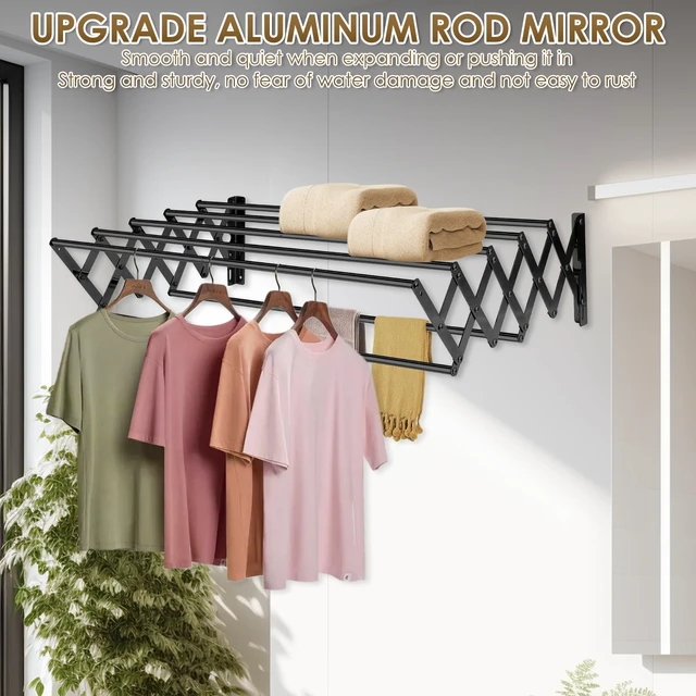 Alt view image 6 of 7 - XL-31.5" Wall Clothes Drying Rack, Retractable Mounted Rack Black | 7 stainless rods, staggered for faster drying. Rustproof. Expands to 25.6"D. Folds flat for storage. Mounting hardware.