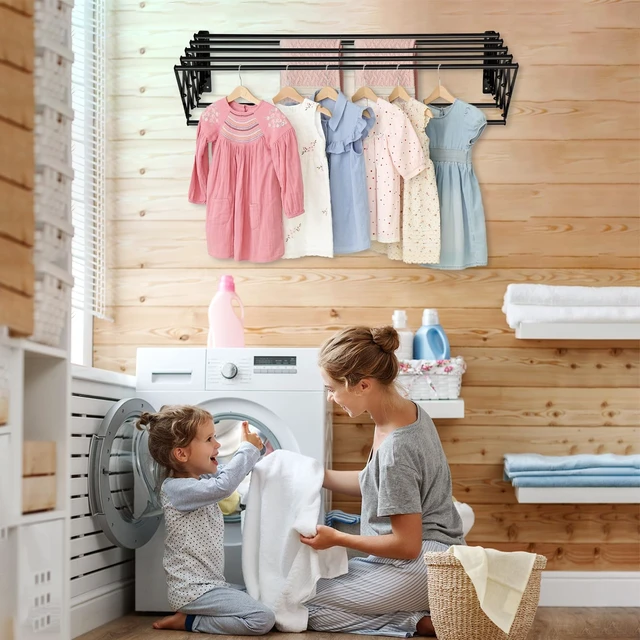 Alt view image 4 of 7 - XL-31.5" Wall Clothes Drying Rack, Retractable Mounted Rack Black | 7 stainless rods, staggered for faster drying. Rustproof. Expands to 25.6"D. Folds flat for storage. Mounting hardware.