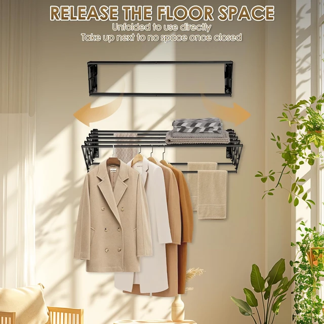 Alt view image 3 of 7 - XL-31.5" Wall Clothes Drying Rack, Retractable Mounted Rack Black | 7 stainless rods, staggered for faster drying. Rustproof. Expands to 25.6"D. Folds flat for storage. Mounting hardware.