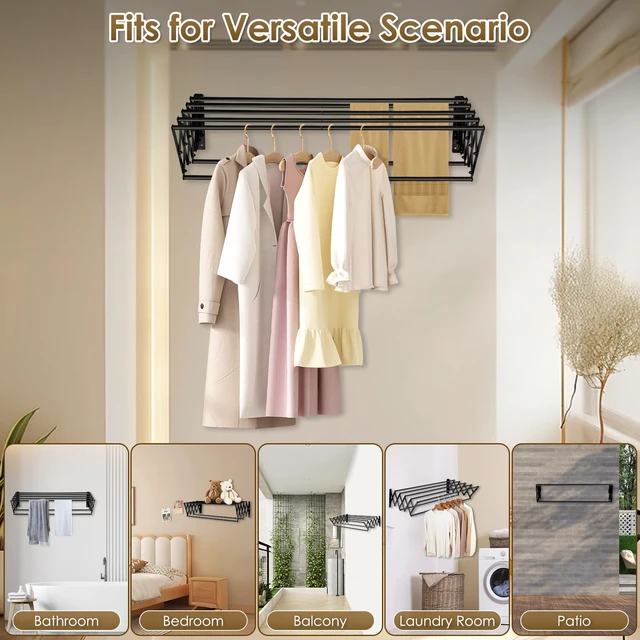 Alt view image 7 of 7 - XL-31.5" Wall Clothes Drying Rack, Retractable Mounted Rack Black | 7 stainless rods, staggered for faster drying. Rustproof. Expands to 25.6"D. Folds flat for storage. Mounting hardware.