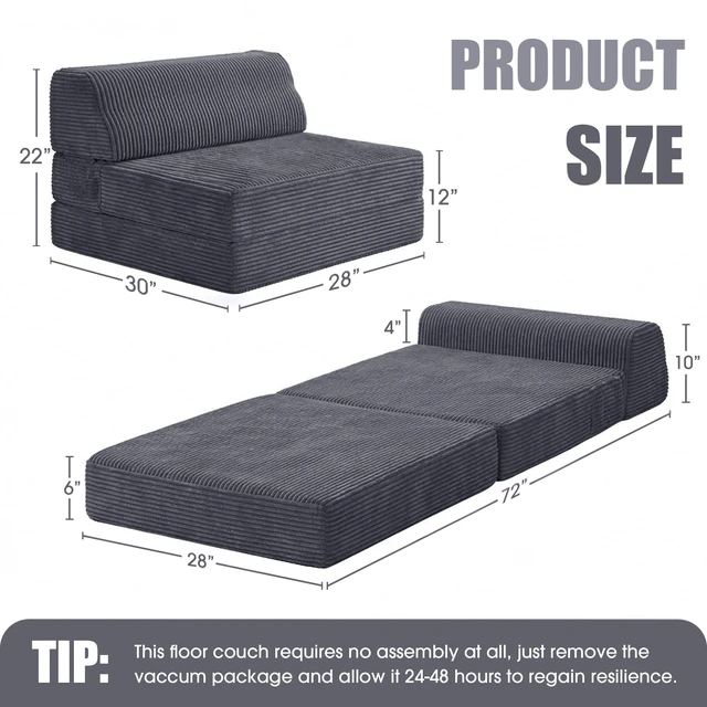 Alt view image 3 of 7 - Folding Sofa Bed with Pillow, Memory Foam Fold Out Chair Bed, Convertible Sleeper Chair with Washable Cover, Futon Floor Couch for Living Room/Dorm/Guest Use/Home Office/Apartment, Gray