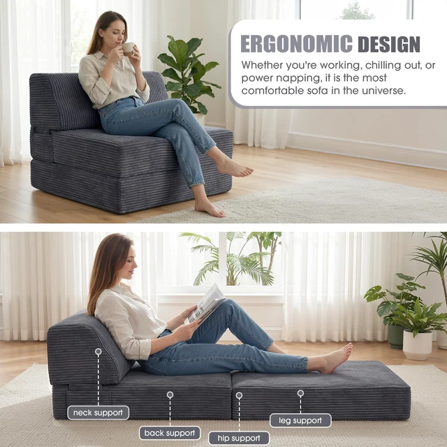 Alt view image 4 of 7 - Folding Sofa Bed with Pillow, Memory Foam Fold Out Chair Bed, Convertible Sleeper Chair with Washable Cover, Futon Floor Couch for Living Room/Dorm/Guest Use/Home Office/Apartment, Gray