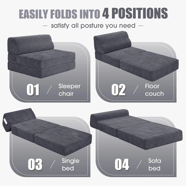 Alt view image 5 of 7 - Folding Sofa Bed with Pillow, Memory Foam Fold Out Chair Bed, Convertible Sleeper Chair with Washable Cover, Futon Floor Couch for Living Room/Dorm/Guest Use/Home Office/Apartment, Gray
