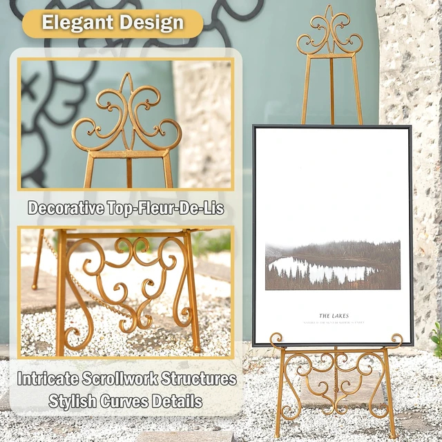 Alt view image 2 of 7 - Gold Easel Stand for Sign, Heavy Duty Adjustable Metal Display Easel | Durable Metal, Scroll Design, Holds Heavy Items, 3 Height Adjustments, Chain Support, Folds Flat for Storage, No Assembly