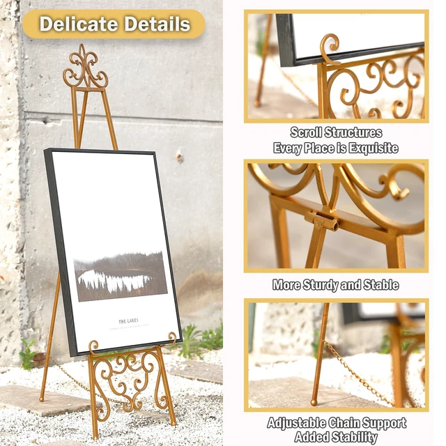 Alt view image 3 of 7 - Gold Easel Stand for Sign, Heavy Duty Adjustable Metal Display Easel | Durable Metal, Scroll Design, Holds Heavy Items, 3 Height Adjustments, Chain Support, Folds Flat for Storage, No Assembly