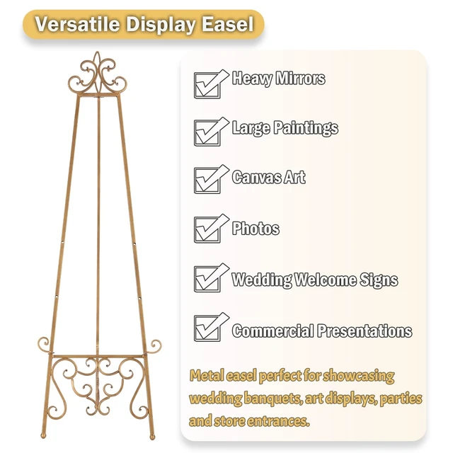 Alt view image 4 of 7 - Gold Easel Stand for Sign, Heavy Duty Adjustable Metal Display Easel | Durable Metal, Scroll Design, Holds Heavy Items, 3 Height Adjustments, Chain Support, Folds Flat for Storage, No Assembly