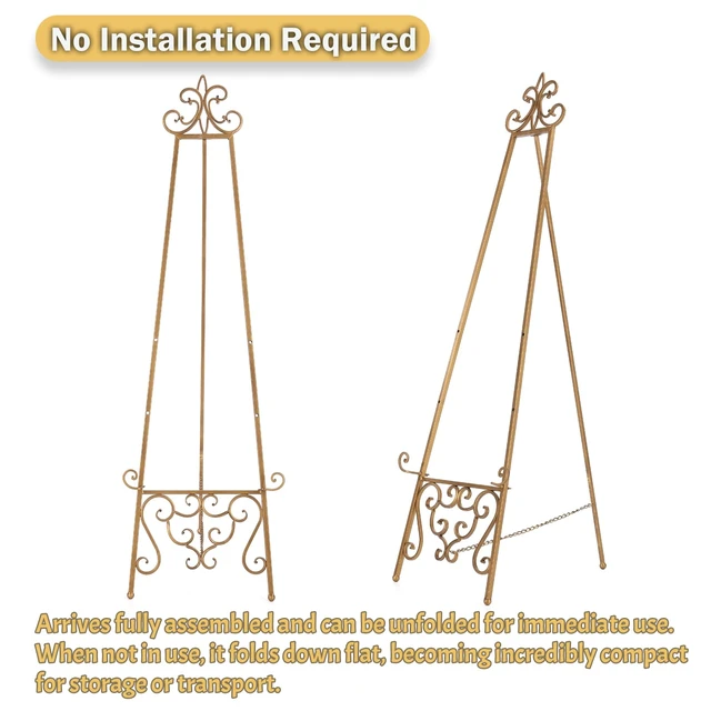 Alt view image 7 of 7 - Gold Easel Stand for Sign, Heavy Duty Adjustable Metal Display Easel | Durable Metal, Scroll Design, Holds Heavy Items, 3 Height Adjustments, Chain Support, Folds Flat for Storage, No Assembly