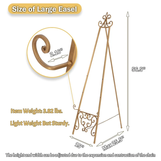 Alt view image 5 of 7 - Gold Easel Stand for Sign, Heavy Duty Adjustable Metal Display Easel | Durable Metal, Scroll Design, Holds Heavy Items, 3 Height Adjustments, Chain Support, Folds Flat for Storage, No Assembly
