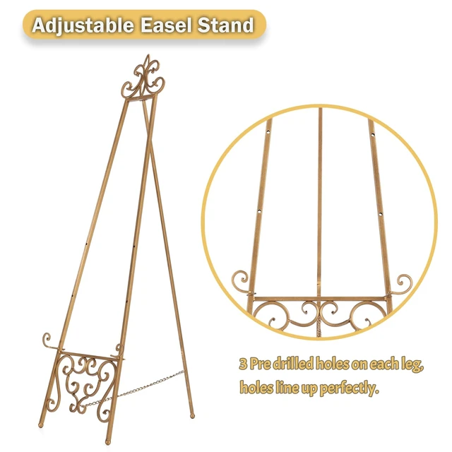 Alt view image 6 of 7 - Gold Easel Stand for Sign, Heavy Duty Adjustable Metal Display Easel | Durable Metal, Scroll Design, Holds Heavy Items, 3 Height Adjustments, Chain Support, Folds Flat for Storage, No Assembly