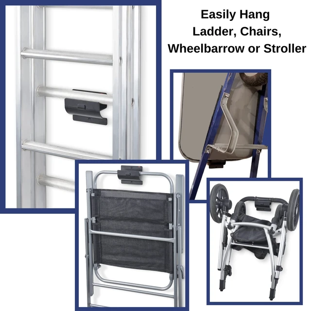 Alt view image 4 of 6 - Ladder Hanger Set of 4 for Garage Wall - Black Heavy Duty Utility Hook | Wall Mount Step Ladder Storage, Versatile Tool Holder To Maximize Space In Shed, Workshop, Hang Wheelbarrow, Folding Chair