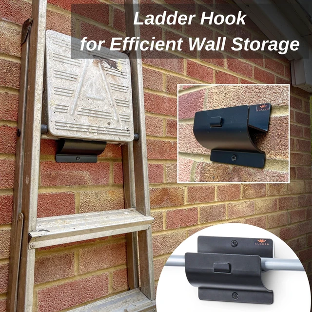 Alt view image 5 of 6 - Ladder Hanger Set of 4 for Garage Wall - Black Heavy Duty Utility Hook | Wall Mount Step Ladder Storage, Versatile Tool Holder To Maximize Space In Shed, Workshop, Hang Wheelbarrow, Folding Chair