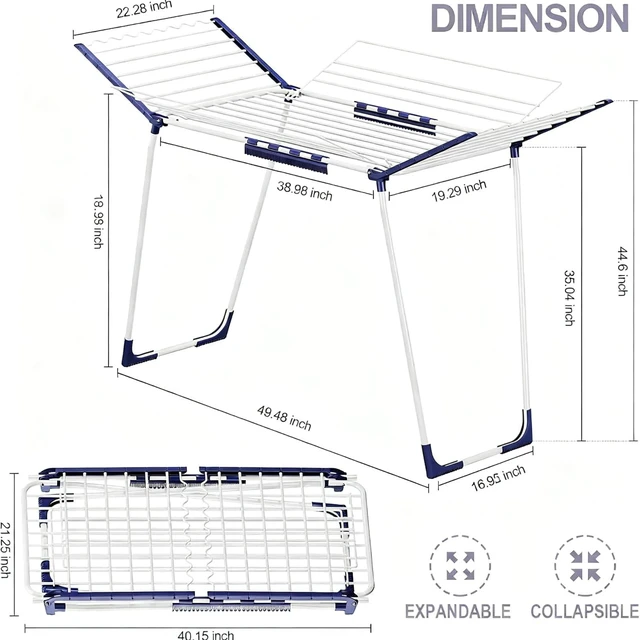 Alt view image 2 of 7 - Clothes Drying Rack, Drying Rack Large Space with 4 Wings | Foldable Design, 5 Drying Spaces, Spacious Design with 4 Frame Supports, Folds Flat for Storage, Rust-resistant Coating